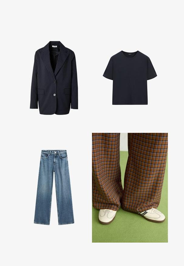 Navyblauer gestreifter Blazer aus glattem Stoff, mit einem Reverskragen, zwei vorderen Taschen und zwei schwarzen Knöpfen.; Schwarzes Kurzarm-T-Shirt mit Rundhalsausschnitt, reguläre Passform und ohne sichtbare Logos oder Muster, vor einem weißen Hintergrund präsentiert.; Hellblaue Denim-Jeans im weiten Bein mit hoher Taille, fünf Taschen-Design und Knopfverschluss. Der Stoff hat eine leicht verwaschene Textur.; Braun und blaue Karohosen mit weitem Bein, kombiniert mit weißen Schuhen mit schwarzen Akzenten und strukturierten Sohlen, vor einem grünen Hintergrund.