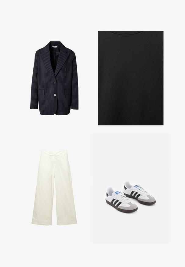 Navyblauer gestreifter Blazer aus glattem Stoff, mit einem Reverskragen, zwei vorderen Taschen und zwei schwarzen Knöpfen.; Schwarzer Baumwollstoff mit glatter Textur und Rundhalsausschnitt, der ein dezentes, gleichmäßiges Strukturmuster aufweist. Keine sichtbaren Logos oder Akzente.; Weit geschnittene Hose aus weichem, cremefarbenem Stoff. Mit flachem Bund und aufgeschlagenen Säumen. Glatte Textur mit einem klaren, minimalistischen Design.; Sportschuhe mit einem Obermaterial aus weißem Leder, grauer Wildleder-Zehenkappe und drei schwarzen Streifen. Sie verfügen über ein blaues Logo auf der Zunge und eine strukturierte Gummisohle.