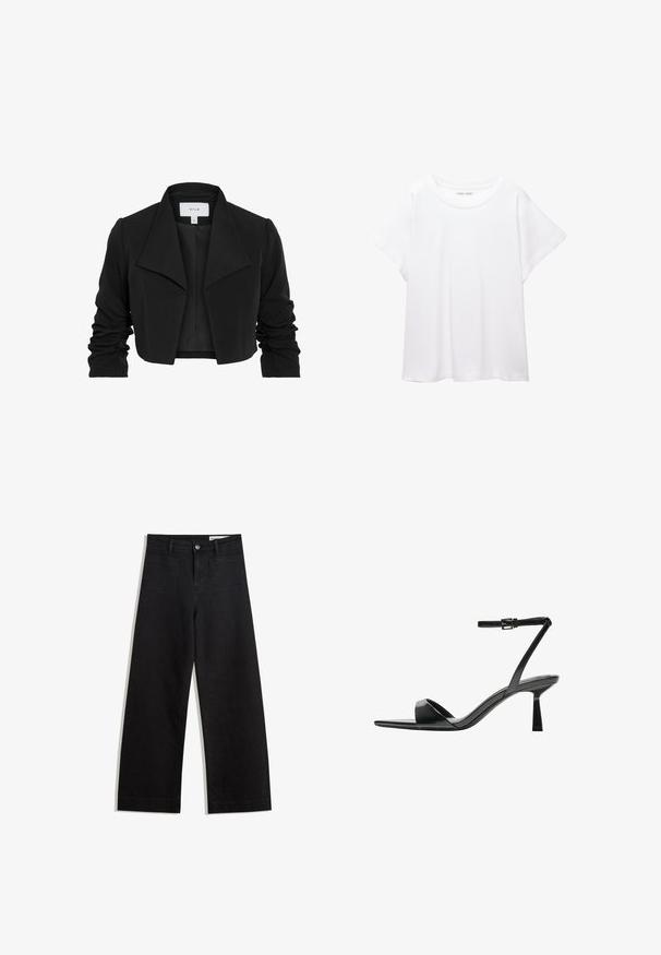 Sort kort jakke lavet af glat stof, med bred krave, rynkede lange ærmer og åben frontdesign.; Hvid T-shirt lavet af blødt, let stof. Har en rund halsudskæring og korte, brede ærmer med en afslappet pasform. Ingen synlige mønstre.; Sorte wide-leg denim bukser med høj talje, der har front- og baglommer, syede sømme og en knaplukning. Glat tekstur.; Bershka Højhælede sandaletter / Højhælede sandaler - black