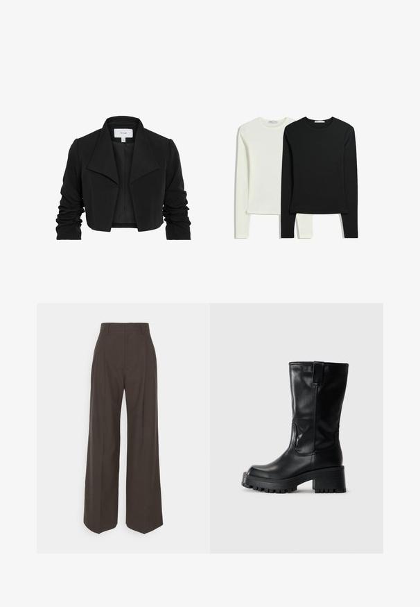 Zwarte cropped jas gemaakt van gladde stof, met een brede kraag, gerimpelde lange mouwen en een open voorkant.; Twee langemouwen shirts: een witte en een zwarte. Gemaakt van gladde stof, met ronde halslijnen en een getailleerde vorm met rechte zomen.; Donkerbruine wijde broek met een hoge taille, voorzien van strak geplooide plooien, een zachte textuur en een op maat gemaakte pasvorm.; Zwarte leren kniehoge laars met een chunky blokhak, gestructureerde zool, zijnaadstiksels en een trekriem aan de achterkant.
