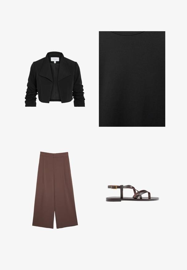 Czarna krótka kurtka wykonana z gładkiego materiału, z szerokim kołnierzem, marszczonymi długimi rękawami oraz otwartym przodem.; Czarna bawełniana tkanina o gładkiej teksturze i okrągłym dekolcie, z delikatnym, równomiernym wzorem włókna. Brak widocznych logo lub akcentów.; Brązowe spodnie o szerokich nogawkach z gładką fakturą, z wysokim stanem i plisami z przodu. Materiał jest lekki i luźno opada.; Brązowe skórzane sandały z krzyżującymi się paskami, zapięciem na klamrę przy kostce oraz płaską podeszwą z minimalnymi detalami szycia.