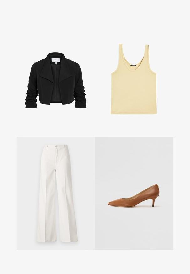 Svart kort jacka i ett mjukt material, med bred krage, rynkade långa ärmar och öppen framsida.; Ljust gult ribbat linne med rundade axelband och breda axelremmar. Rak nederkant, minimalistisk design.; Vita vida-byxor gjorda av bomull med en slät textur. Har en framknapp, gylf med dragkedja och fyra fickor.; Lauren Ralph Lauren ADRIENNE - Pumps - deep saddle tan