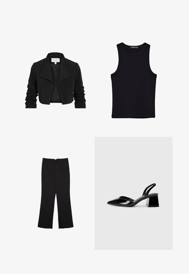 Svart kort jacka i ett mjukt material, med bred krage, rynkade långa ärmar och öppen framsida.; Svart linne i bomull, med rund halsringning och breda armhål. Slät yta med sydda fållar. Klassisk, minimalistisk design.; Svarta byxor med rak passform, utrustade med framfickor och sidoklyvningar vid fållen. Tillverkade av mjukt, slätt tyg. Lämpliga för olika tillfällen.; Svarta lackläder slingback klackar med spetsig tå och geometrisk klack. Har en elegant, minimalistisk design och slät yta.
