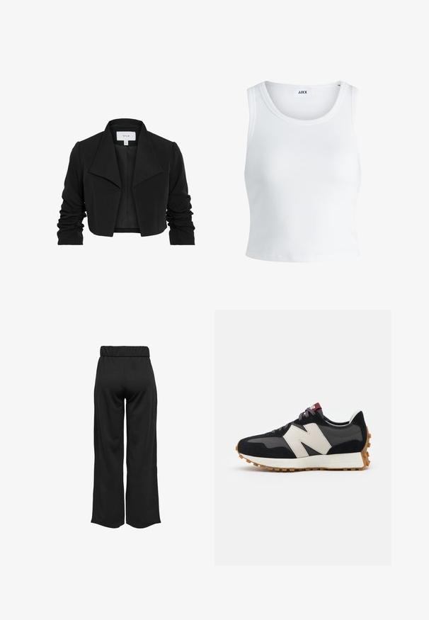 Juodas trumpas švarkas, pagamintas iš glotnaus audinio, turintis plačią apykaklę, raukšlėtas ilgąsias rankoves ir atvirą priekinį dizainą.; Balta raukšlėta tank top marškinėliai su apvaliu iškirpimu, be rankovių dizainu ir trumpa ilgio. Etiketėje parašyta "JJXX." Lygus audinio paviršius.; Juodos, plačios kelnės su elastinga juosta, pagamintos iš lygaus audinio. Pasižymi švariu dizainu, be kišenių ar matomų siūlių detalių.; Juoda ir pilka zomšinė sportinė avalynė su dideliu kreminiu "N" logotipu, violetinėmis raištelėmis ir tekstūruota gumos padu.