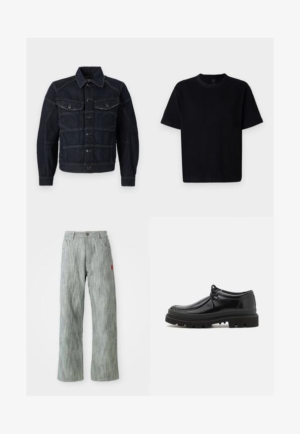 Tummansininen farkkutakki, jossa on napitettu etuosa, kaksi rintataskua ja erivärinen ommel. Rakenne on muotoiltu klassisella kauluksella ja pitkillä hihoilla.; Musta puuvillapaita, jossa on pyöreä pääntie, lyhyet hihat ja suora leikkaus. Ominaisuuksiin kuuluu minimaalinen ommel ja pehmeä, sileä tekstuuri.; Vaaleanharmaat suorat denim-housut, joissa on etu- ja takataskut, nappikiinnitys ja pieni punainen kangastunnus oikealla puolella.; Mustat nahkakengät Derby-tyyliin, jossa on tyylikäs muotoilu, pyöreä kärki ja teksturoitu kumipohja, jossa on syviä uria pidon parantamiseksi.