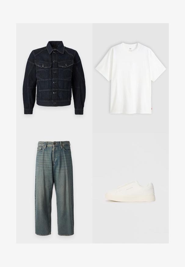 Tumedast denimist jakker, millel on nööpidega esikülg, kaks rinna taskut ja kontrastne õmblus. Struktureeritud disain, klassikaline krae ja pikad varrukad.; Valge lühikeste varrukatega puuvillane T-särk, millel on ümmargune kaelus. Ees on peene reljeefse logoga detail ja hemmi peal punane silt.; Heledad sinine denim-stiilis teksad, volüümse lõike, keskmise kõrgusega talje ja sirgete säärega. Omab viit taskut, vöökumme ja nööpide sulgemist.; Valged libisemiskindlad tossud tekstuuriga pinnaga, paksu tallaga ja minimalistikus disainis. Küljel on brändi logo.