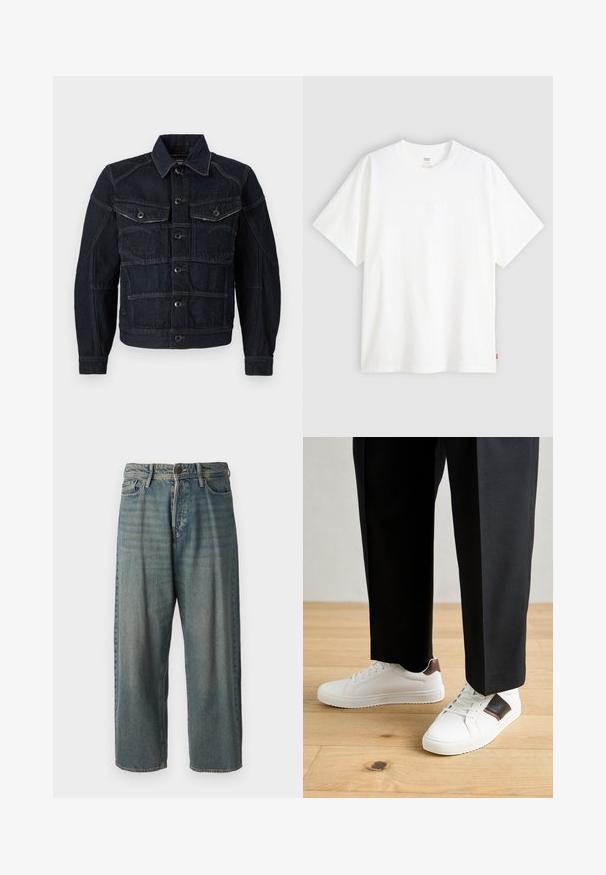 Dark denim jacket featuring a button-up front, two chest pockets, and contrasting stitching. Structured design with a classic collar and long sleeves.; White short-sleeve t-shirt made of cotton with a crew neck. Features subtle embossed logo detail on the front and a red label at the hem.; Light blue denim jeans with a loose fit, mid-rise waist, and straight legs. Features five pockets, belt loops, and a button closure.; White sneakers with smooth texture, featuring brown leather accents and black detailing, paired with black tailored pants. Wooden floor background.