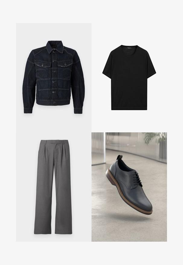 Dark denim jacket featuring a button-up front, two chest pockets, and contrasting stitching. Structured design with a classic collar and long sleeves.; Black short-sleeve t-shirt made of smooth cotton. Features a crew neck and a straight hem. Simple, solid design without patterns or accents.; Gray wide-leg trousers made from smooth fabric, featuring a pleated front, side pockets, and a tailored waistband with belt loops.; Men's black leather dress shoe with a rounded toe, detailed stitching, prominent laces, and a brown sole accent. Designed with a pull tab.