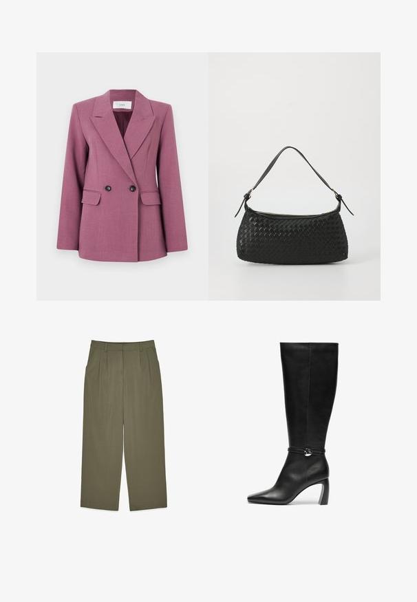 Dwurzędowa marynarka w kolorze fiołkowym, wykonana z teksturowanej tkaniny. Posiada wycięte klapy, dwie przednie kieszenie i czarne guziki.; Asymetryczna czarna bluzka wykonana z gładkiego materiału, z marszczonym wzorem i akcentem z złotego metalu z jednej strony.; Oliwkowe, wysokie spodnie z paskiem, z fałdami z przodu, bocznymi kieszeniami i szerokim krojem nogawek, wyeksponowane na białym tle.; Czarne skóropodobne botki do kolan z ostrym noskiem i masywnym obcasem. Posiadają pasek z okrągłym akcentem na kostce.; Czarna, pleciona torba na ramię z gładkim skórzanym paskiem i zapięciem na zamek. Charakteryzuje się teksturowaną powierzchnią i zakrzywionym kształtem.