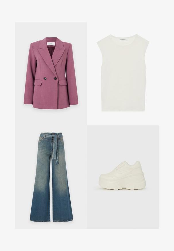 Dvoubreasted sako v barvě švestkové, vyrobené z texturované látky. Má zářezové klopy, dva přední kapsy a černé knoflíky.; Bílý bezrukávový top s kulatým výstřihem. Vyroben z hladkého materiálu, má volný střih a minimalistický design. Bez vzorů nebo akcentů.; Džínové kalhoty širokého střihu s přechodem od světlé k tmavě modré, vysokým pasem, poutky na opasek a odpovídajícím opaskem ze stejného materiálu. Texturovaná džínovina.; Bílé platformové tenisky s hladkým svrškem podobným kůži, zaobleným tvarem, polstrovaným límcem a texturovanou gumovou podrážkou s vyznačenými vzory.