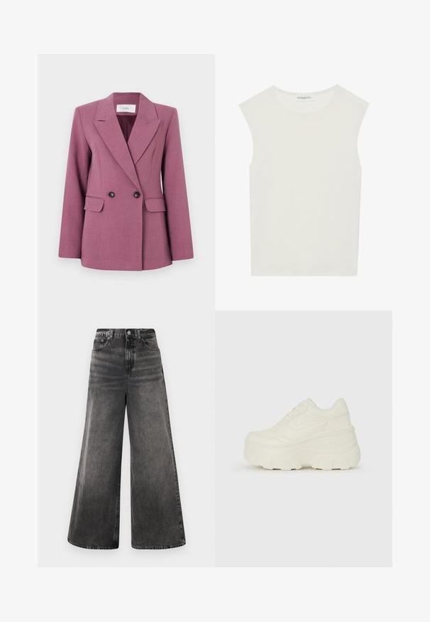 Blazer croisé de couleur mauve, en tissu texturé. Il présente des revers à encoche, deux poches avant et des boutons noirs.; Haut sans manches blanc avec un col rond. Fabriqué en tissu lisse, il présente une coupe décontractée et un design minimaliste. Pas de motifs ni d'accents.; Jean en denim noir à jambes larges avec un effet dégradé, design à cinq poches et fermeture à bouton à la taille, avec des accents cousus.; Baskets plateformes blanches avec une tige en simili cuir lisse, une forme arrondie, un col rembourré et une semelle en caoutchouc texturé avec des crampons définis.