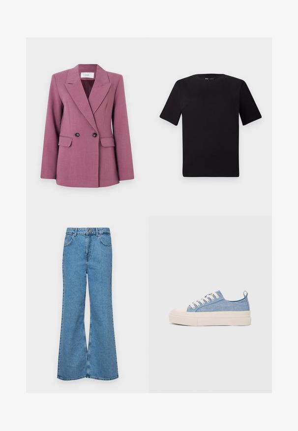 Kétsoros zakó mályva színben, texturált anyagból készült. Jellemzői a kis kiképzésű hajtóka, két első zseb és fekete gombok.; Fekete, rövid ujjú póló, kerek nyakkal, puha pamutból készült. Egyszerű dizájn, nincs látható logó vagy minta.; Világoskék, trapézszárú farmernadrág, magas derékkal, öt zsebbel és egy gombos záródással. Puha tapintású, magasított effektusú anyag.; Világoskék vászon sportcipők, krémszínű gumitippel és talppal, fehér fűzőkkel és egy húzófüllel a sarkán.