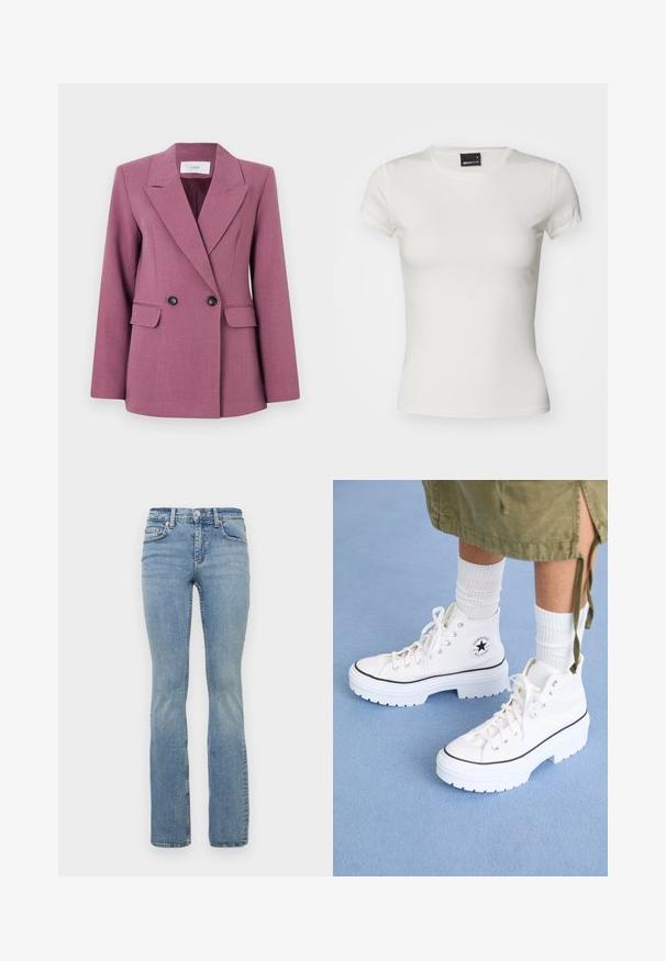 Double-breasted blazer in a mauve color, made of textured fabric. Features notched lapels, two front pockets, and black buttons.; White short-sleeve t-shirt made of cotton. Features a classic crew neckline and a fitted design with a smooth texture. Brand label visible.; Light blue denim flared jeans with a mid-rise waist, featuring five-pocket design, belt loops, and subtle fading on the thighs.; White high-top sneakers with a textured canvas upper, rubber toe cap, and thick white platform sole. Features black accents and eyelets.
