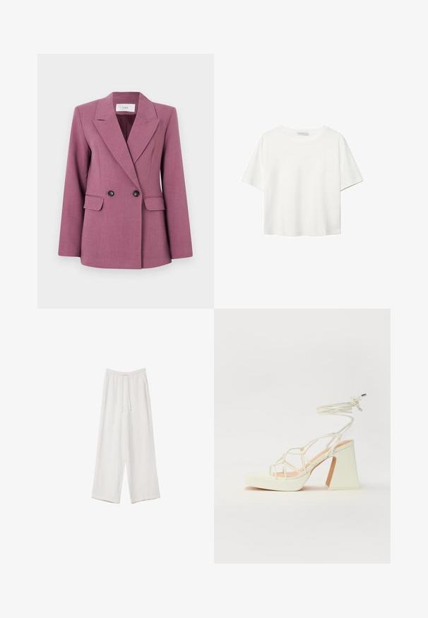Dvojradové sako v farbe muave, vyrobené z textúrovaného materiálu. Má klopy s výrezmi, dve predné vrecká a čierne gombíky.; Biela krátkopsová tričko vyrobené z bavlny. Má okrúhly výstrih a voľný strih. Hladká textúra bez viditeľných vzorov alebo akcentov.; Biele široké nohavice vyrobené z ľahkej tkaniny. Obsahujú elastický pás so sťahovacou šnúrkou a bočné vrecká. Hladká textúra.; Biele sandále na vysokom opätku s hrubým podpätkom, s pruhovaným dizajnom a viazaním na členku. Hladký povrch s platformou vpredu pre zvýšenú výšku.