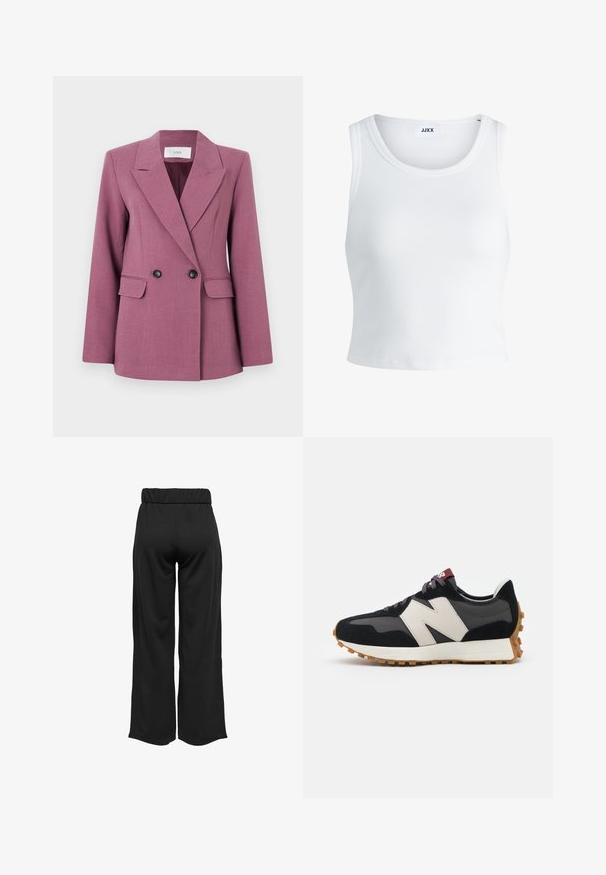 Blazer cruzado en color malva, confeccionado en tela texturizada. Cuenta con solapas con muesca, dos bolsillos delanteros y botones negros.; Top de tirantes blanco con canalé, con un cuello redondo, diseño sin mangas y largo corto. La etiqueta dice "JJXX". Textura de tela suave.; Pantalones negros de pierna ancha con cintura elástica, fabricados en un tejido suave. Presentan un diseño limpio sin bolsillos ni detalles de costura visibles.; Zapatillas de ante negras y grises con un gran logo "N" en color crema, cordones morados y una suela de goma texturizada en color marrón.
