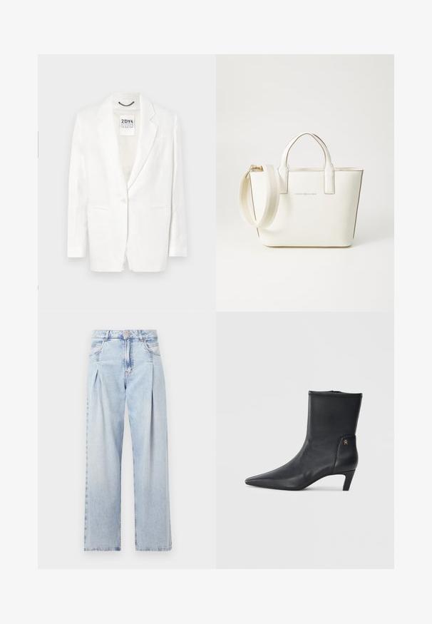 Witte linnen blazer met opstaande revers, sluiting met één knoop, twee voorzakken en een lichte textuur. Label zichtbaar aan de binnenkant van de kraag.; Kortgerit shirt in het wit, gemaakt van een gladde stof, met een spitse kraag en een knoopsluiting met een groene accentknop.; Lichtblauwe denim jeans met een hoge taille, wijde pijpen, twee zijzakken en geplooid ontwerp. Zachte textuur met een vervaagd uiterlijk.; Zwarte leren enkellaarsjes met een spitse neus en een lage hak. Heeft een gladde textuur en een kleine gouden logo-detail aan de zijkant.; Witte faux leren handtas met korte handvaten, verstelbare schouderriem en gouden hardware; heeft een subtiele logo aan de voorkant.