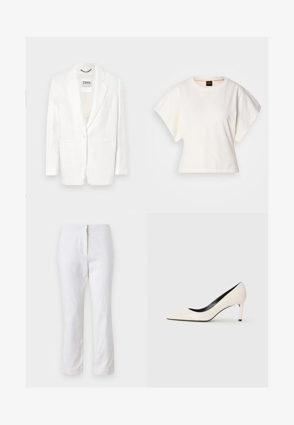 White linen blazer with notched lapels, single button closure, two front pockets, and slight texture. Label visible inside collar.; White cropped T-shirt, short wide sleeves, soft cotton material, round neckline with subtle orange trim, minimal design, no patterns or graphics.; White cotton pants with a straight leg design, featuring a mid-rise waist and no visible hardware or patterns. Smooth texture throughout.; White patent leather high-heeled pump with a pointed toe, slim heel, and black interior detailing. Smooth texture and sleek design.