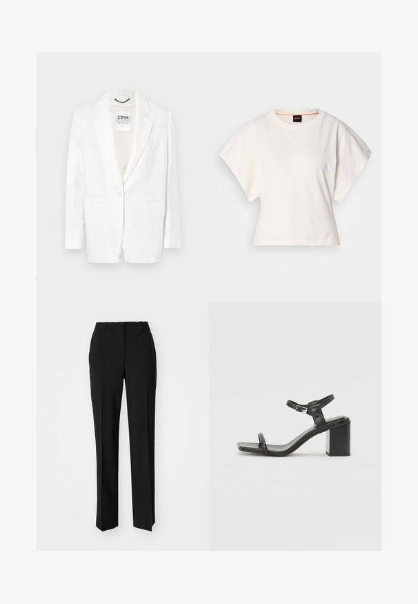 Blazer de linho branco com lapelas recortadas, fecho de um único botão, dois bolsos frontais e ligeira textura. Etiqueta visível dentro da gola.; T-shirt branco cropped, mangas curtas e largas, material de algodão suave, decote redondo com um discreto acabamento laranja, design minimalista, sem padrões ou gráficos.; Calças pretas de corte ajustado com um design de perna reta, apresentando uma textura lisa e pregas bem definidas na frente. Sem hardware visível.; Sandal de bloco em pele preta com uma tira larga sobre os dedos e uma tira ajustável no tornozelo, apresentando um design elegante e minimalista.