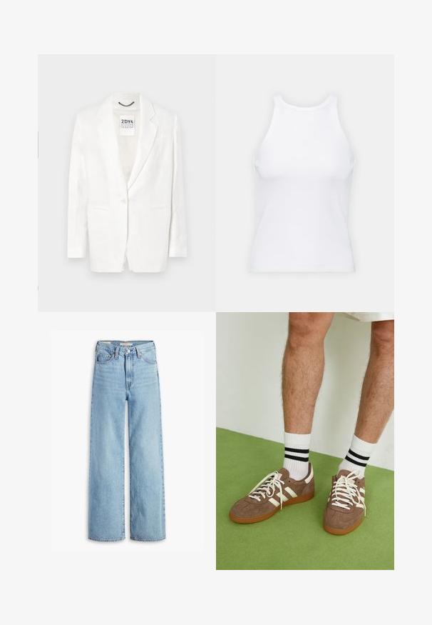 Blazer en lin blanc avec revers crantés, fermeture à un bouton, deux poches à l'avant et légère texture. Étiquette visible à l'intérieur du col.; Débardeur blanc sans manches en tissu côtelé, doté d'un col rond et d'une silhouette ajustée, avec des coutures minimales et sans ornements.; Jean large taille haute en denim bleu clair avec fermeture à bouton et zip à l'avant, passants de ceinture et cinq poches.; Baskets en daim marron avec des accents et des lacets blancs. Semelle en caoutchouc gomme. Portées avec des chaussettes blanches à rayures noires. Sol texturé vert.