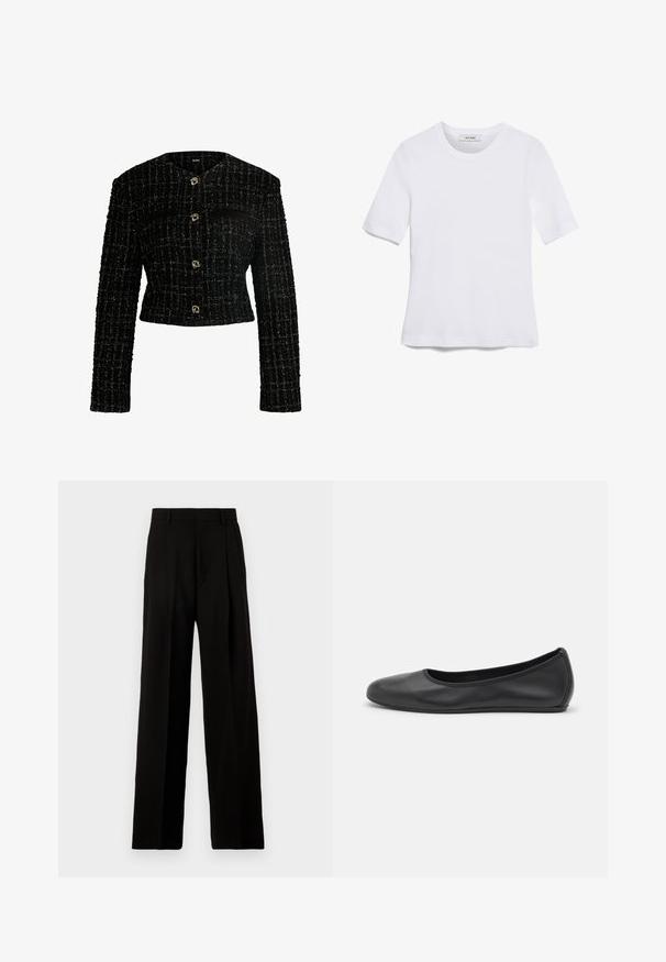 Fekete, rövid fazonú dzseki textúrált szőtt mintával, arany gombokkal, két elülső zsebbel és hosszú ujjakkal.; Fehér, rövid ujjú póló ribbed anyagból. Kerek nyakkivágás, normál szabás és diszkrét varrási részletek. Nincsenek minták vagy grafikák.; Fekete, bő szárú nadrág sima anyagból, magas derékkal, elülső redőkkel és letisztult, szabott kialakítással, díszítés nélkül.; Fekete bőr balettcipő lekerekített orral, sima tekstúrával, minimális varrással és rugalmas talp kialakítással.