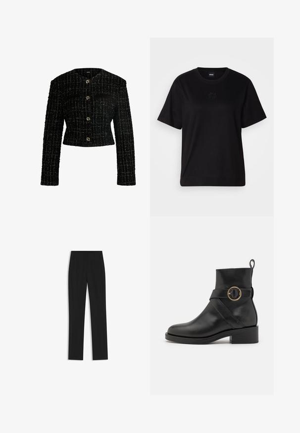 Veste noire courte avec un motif tissé texturé, ornée de boutons dorés, de deux poches avant et de manches longues.; T-shirt en coton noir avec un col rond, des manches courtes et un logo brodé sur la poitrine. Coupe simple et décontractée sans motifs.; Pantalon noir ajusté avec une coupe droite, doté de poches avant et d'un tissu lisse et texturé. Détails soignés et minimalistes.; BOSS IRYNA BOOTIE - Bottines à plateau - black