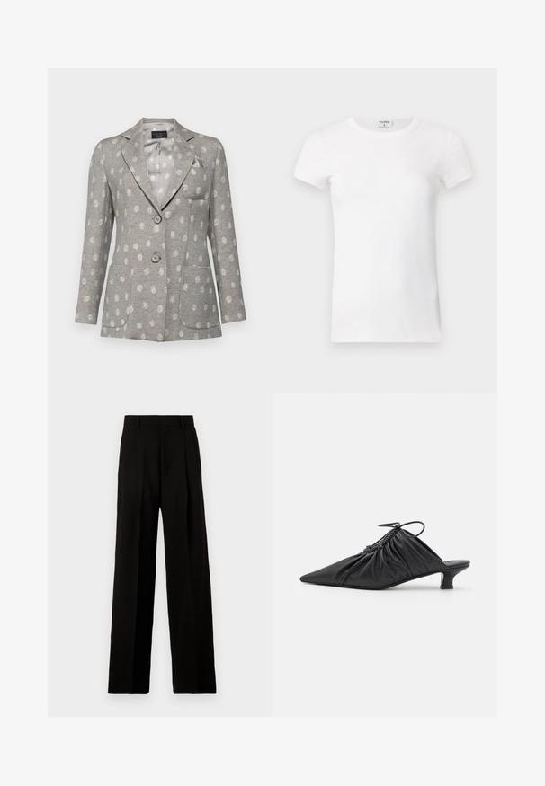 Blazer gris con un patrón de lunares claros, dos bolsillos frontales, tres botones, solapa de muesca y un solo bolsillo en el pecho. Textura suave.; Camiseta blanca de manga corta y con cuello redondo, de tejido acanalado. La tela parece suave y tiene una silueta ajustada. Etiqueta de marca visible en el cuello.; Pantalones de pierna ancha negros, confeccionados en una tela suave, con una cintura alta, pliegues frontales y un diseño limpio y estructurado sin adornos.; Mules negros de cuero sin hebillas con punta afilada, textura recogida y un pequeño tacón de gato. Presentan un detalle de cordón en la abertura.