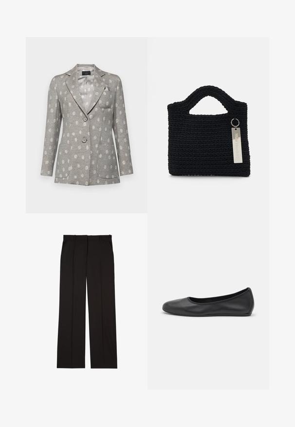 Pelēks žakets ar gaišu punktiņu rakstu, divām priekšējām kabatām, trim pogām, zābaka veida atlokiem un vienu krūšu kabatu. Gluda tekstūra.; Melna bezpaudze topiņa ar sakārtotu audumu, sānu savilkumu un pagarinātu fringu, ar gludu tekstūru un pieguļošu siluetu.; Melni gludā auduma pielāgoti bikses ar taisnu kāju piegriezumu un divām sānu kabatām. Eleganta un minimālistiska uzbūve.; Melna ādas baleta kurpe ar noapaļotu purngalu, gludu tekstūru, minimālu šuvju detalizāciju un elastīgu zoles dizainu.; Won Hundred MARSIELLE COMPUTER BAG UNISEX - Klēpjdatora soma - black