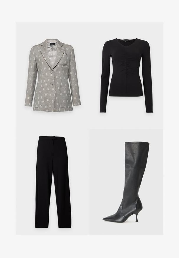 Siv blazer s svetlim pikastim motivom, dva sprednja žepa, tri gumbe, zarezan ovratnik in en žep na prsih. Gladka tekstura.; Črna dolga majica s kratkimi rokavi in V-izrezom ter naborki spredaj, izdelana iz gladkega blaga. Prilagojena silhueta in minimalističen dizajn.; Črne široke hlače iz mehkega, raztegljivega materiala. Imajo gladek pas in brez vidnih šivov ali žepov. Preprost in vsestranski dizajn.; Črne usnjene škornje do kolen s koničastim nosom in ozkim stiletto peto. Gladka tekstura z oblikovanim dizajnom in šivi na zgornjem robu.