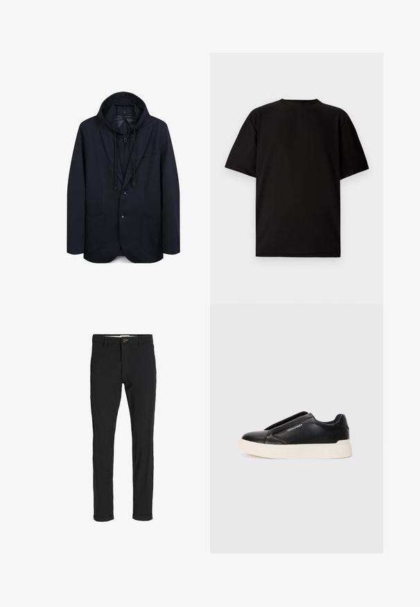 Marineblaues Blazer mit Kapuze, ausgestattet mit einem Zweiknopfverschluss, Revers, zwei Fronttaschen und einem Kordelzug an der Kapuze. Glatte Stoffstruktur.; Schwarzes kurzärmeliges T-Shirt aus geripptem Stoff. Mit rundem Halsausschnitt und lockerer Passform sowie glatter Textur. Nur Rückansicht.; Schwarze Baumwollmischungshose mit schmalem Schnitt, gekennzeichnet durch einen Knopfverschluss, Taschen und umgeschlagenen Säumen für einen lässigen Abschluss.; Schwarzer Schlupfschuh aus strukturiertem Lederobermaterial, mit weißer Gummisohle und ohne sichtbare Schnürsenkel. Mit Markenlogo an der Seite.