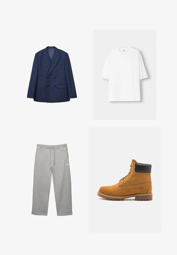 Doppeltbreasted dunkelblaues Blazer aus glattem Stoff mit spitzen Revers, zwei Fronttaschen und sechs schwarzen Knöpfen zum Verschließen.; Weißes kurzärmliges T-Shirt aus Baumwolle mit Rundhalsausschnitt und lockerer Passform. Glatte Textur, ohne sichtbare Muster oder Akzente.; Graue Sweatpants aus weichem Stoff mit elastischem Bund, verstellbarem Kordelzug und Seitentaschen. Mit einem kleinen weißen Logo.; Beige Wildleder-Ankle-Boot mit schwarzem gepolstertem Kragen, goldenen Metallösen, weißen Nähdetalben und einer robusten Gummisohle mit ausgeprägtem Profil.