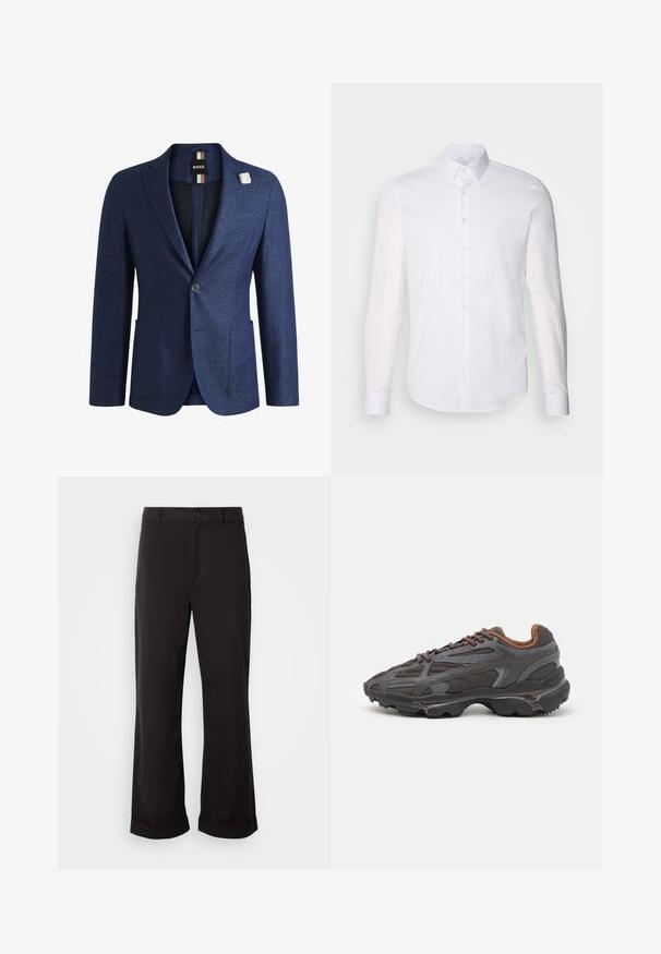 Tamsiai mėlynas švarkas, pagamintas iš struktūruoto audinio, su vienu mygtuko uždarymu, dviem priekinėmis kišenėmis ir baltu gėlių segtuku.; Baltas ilgas rankoves mygtukinis marškinys, pagamintas iš medvilnės, su klasikinio tipo apykakle, priekyje esančiais mygtukais ir minimaliais siuvinėjimo detalėmis.; Juodos tiesios kelnės, pagamintos iš lengvos medžiagos. Turi klasikinį sagos uždarymą ir pasuktus apačios kraštus.; Lacoste sportbačiai tamsiai pilki, pagaminti iš tinklinės ir sintetinių medžiagų, su tekstūruotu padu ir rudomis detalėmis ant apykaklės bei prekės ženklo.