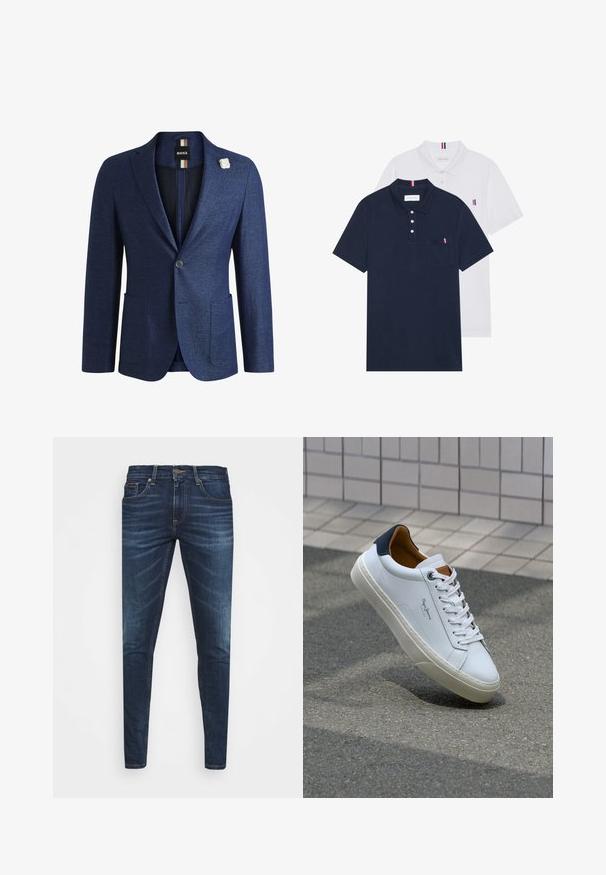 Blazer azul-marinho feito de tecido texturizado com um fecho de botão único, dois bolsos frontais e um destaque de alfinete de flor branca.; Duas camisetas polo: uma azul-marinho e uma branca, ambas com um pequeno detalhe em vermelho, branco e azul no bolso do peito e na gola.; Jeans de ganga azul escura com um corte slim, desbotamento suave, cinco bolsos e fecho com botão de metal. Detalhes costurados em cor contrastante.; Sapatilha de couro branco com calcanhar azul marinho, bico redondo e detalhes em castanho contrastantes. Apresenta atacadores planos e sola de borracha texturizada.
