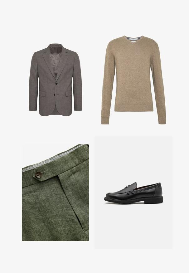 Grau blazer aus strukturiertem Stoff, mit Reverskragen, zwei-Knopf-Verschluss und zwei Fronttaschen. Futter sichtbar.; V-Ausschnitt Pullover aus weichem, hellbraunem Strickstoff, mit langen Ärmeln und gerippten Bündchen und Saum. Dezente Textur im gesamten Stoff.; Weißes Baumwoll-T-Shirt mit rundem Ausschnitt, kombiniert mit navyblauen, gefalteten Hosen und einem braunen Ledergürtel mit goldener Schnalle.; Olivengrüne Leinenhose mit einem Bundfalten, ausgestattet mit einem Knopfverschluss und einem kontrastierenden karierten Futter am Bund.; Schwarze synthetische Slipper mit einer markanten gesteppten Vorderseite, gepolstertem Fußbett und flacher Gummisohle; schlankes Design mit minimaler Detailverarbeitung.