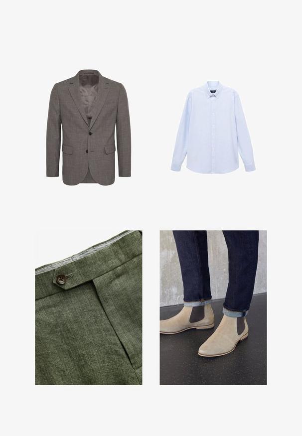 Šedý blazer vyrobený z textúrovanej látky, s klopovým golierom, uzatváraním na dva gombíky a dvoma prednými vreckami. Vnútrajšok s podšívkou viditeľný.; Svetlomodrá košeľa s dlhým rukávom a gombíkmi, s klasickým golierom, rovnými okrajmi a jemnou textúrou. Obsahuje centrálny gombíkový zapínací systém.; Olivové ľanové nohavice s predným záhybom, so zapínaním na gombík a kontrastnou kockovanou podšívkou na pase.; Zign LEATHER - Klasické členkové čižmy - sand