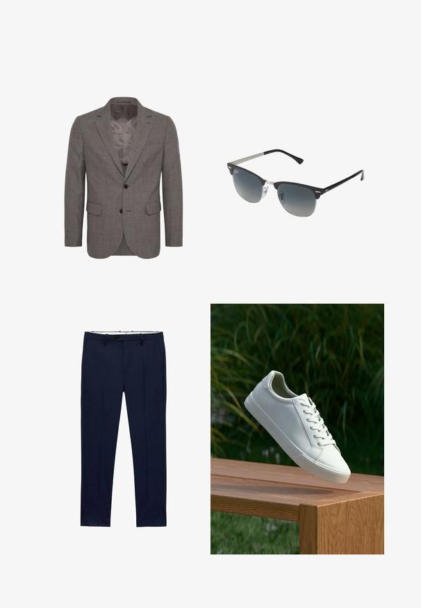 Šedý blazer vyrobený z texturované tkaniny, s klopovým límcem, dvouknoflíkovým zapínáním a dvěma předními kapsami. Viditelná podšívka.; Bílé trička s krátkým rukávem poskládaná, vyrobená z bavlny. Mají kulatý výstřih a rovný střih. Tkanina vypadá hladce, bez vzorů.; Námořnické modré kalhoty se slim fit a pruhovaným vzorem. Obsahují zip, poutka na opasek a přední kapsy. Hladká textilie.; Bílé šněrovací tenisky, které se vznášejí nad dřevěnou lavicí, s zeleným listím v pozadí, předvádějící design a strukturu boty.; Černé a stříbrné sluneční brýle ve tvaru kočičích očí, se stupňovitými skly a kovovými detaily na rámu. Plastové nožičky s šedými konci.