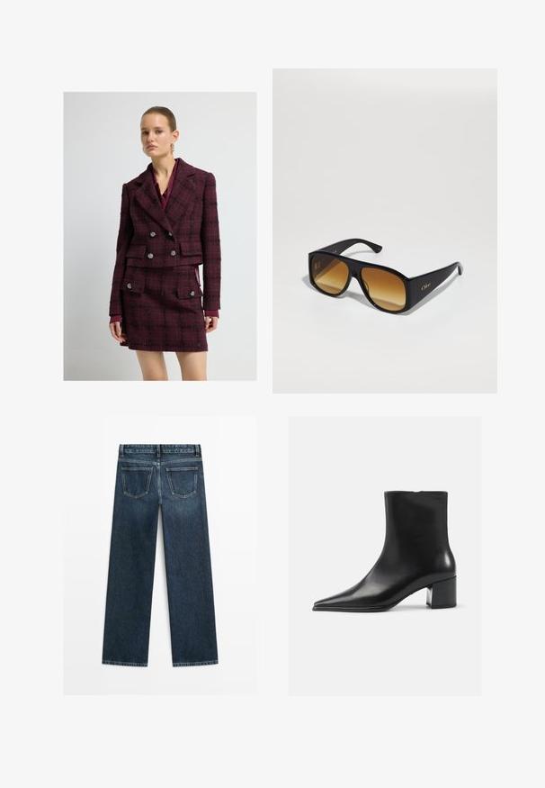 Completo giacca e gonna in tessuto a quadri bordeaux, realizzato in tessuto strutturato con chiusura doppiopetto e dettagli con bottoni color argento. Design con colletto.; Camicia bianca con bottoni, caratterizzata da strisce verticali grigio chiaro, colletto a point, maniche lunghe e una vestibilità ampia. Realizzata in tessuto leggero.; Jeans in denim blu scuro con taglio dritto, dotati di due tasche posteriori e cuciture visibili lungo le cuciture e gli orli.; Stivaletto in pelle nera con punta appuntita, texture liscia e tacco medio a blocco. Design minimalista, chiusura con zip sul retro.; Occhiali da sole neri a forma rettangolare con lenti sfumate marroni. Realizzati in plastica, presentano una superficie liscia e un sottile logo dorato sulla tempia.