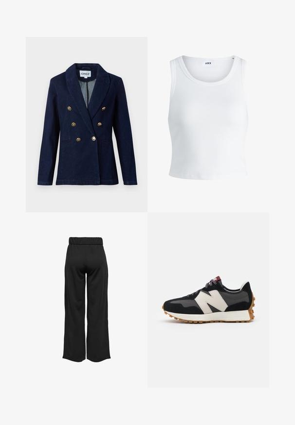 Tume sinine kahekordne bleiser kuldsete nööpidega, nööbikoha ja kahe esifrakti taskuga. Valmistatud siledast denimmaterjalist.; Valge ribakujuline tank top, millel on ümmargune kaelus, varrukateta disain ja lühike pikkus. Silt ütleb "JJXX." Sile kangast tekstuur.; Mustad, laiad püksid elastse vöökohtaga, valmistatud siledast kangast. Omab lihtsat disaini, ilma taskute või nähtavate õmbluste detailideta.; Mustmust ja halli nubukist tennisajal on suur kreemjas "N" logo, lilla paelad ja tekstureeritud kummist välispohja.