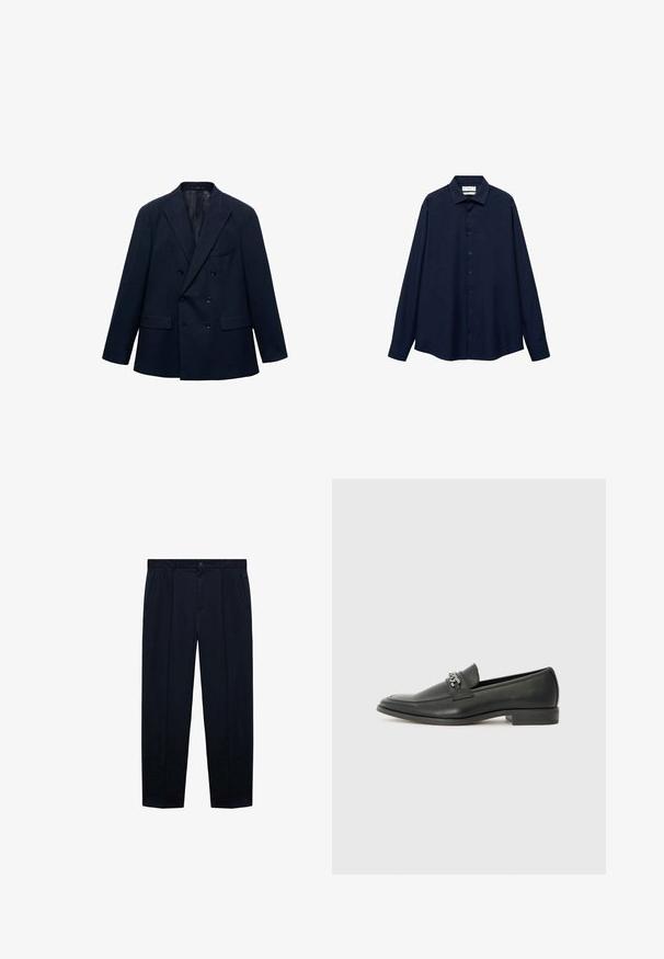 Dvostruki sako tamnoplave boje s revere ovratnikom, četiri prednja džepa i crnim dugmadima, prikazan na bijeloj pozadini.; Mornarčeva košulja s dugim rukavima, ovratnikom i ravnim rubom. Ima glatku teksturu i pet gumba na prednjem dijelu.; Mornarine plave hlače ravnog kroja izrađene od lagane tkanine s glatkom teksturom; sadrže kopčanje na dugme i dva bočna džepa.; Crna kožna loafer cipela s glatkom finišem, s ušivenim uzorkom i dekorativnim metalnim lancem preko prednjeg dijela. Ravni potplat.