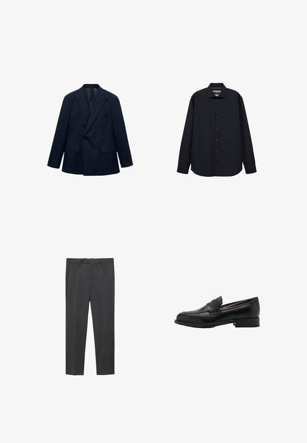 Blazer bleumarin cu două rânduri de nasturi, cu rever cu tăietură, patru buzunare frontale și nasturi negri, prezentat pe un fundal alb.; Cămașă neagră cu mâneci lungi dintr-un material neted. Are un guler și un sistem de închidere cu nasturi în față, oferind o croială lejeră cu un tiv rotund.; Țesătură texturată cu dungi de gri deschis și alb murdar. Material moale cu un aspect ondulat, evidențiind modelul țesut și plierile blânde.; Pantaloni gri cu croi dreaptă, textură netedă, bucle pentru curea și două buzunare laterale. Fără modele sau accente vizibile.; Loafers negri din piele cu vârf brodat și toc plat. Textură netedă, cu vârf rotund și o curea decorativă pe instep.