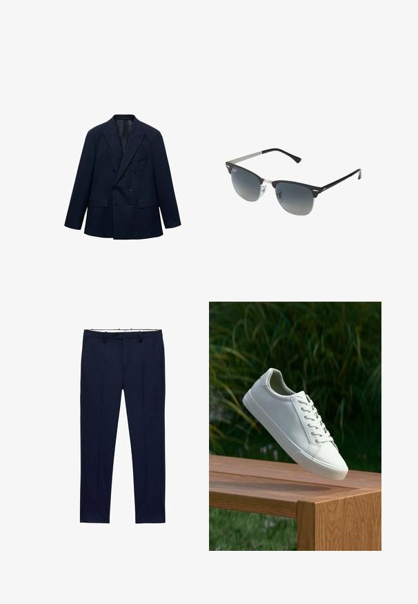 Double-breasted navy blue blazer with notch lapels, four front pockets, and black buttons, shown on a white background.; White short-sleeve t-shirts stacked, made of cotton. Features a round neck and a straight cut. Fabric appears smooth with no patterns.; Navy blue trousers with a slim fit and pinstripe pattern. Features a zipper fly, belt loops, and front pockets. Smooth fabric texture.; White lace-up sneaker hovering above wooden bench with green foliage in the background, showcasing shoe design and texture.; Black and silver sunglasses with a cat-eye shape, gradient lenses, and metallic accents on the frame. Plastic arms with grey tips.