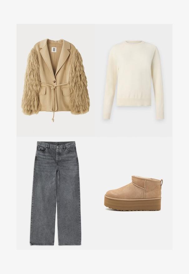 Beige blazer med fuskpälsärmar, med en enkel knappstängning, två framfickor och ett knytbelte för justerbar passform.; Ljuskrämsfärgad tröja med långa ärmar, rund halsringning och ribbad kant. Tillverkad av ett mjukt material med en slät yta.; Breda jeans i mörkgrå denim. Har hög midja, femficksdesign och framknäppt stängning. Slät textur med subtil blekning.; Beiga mockaskängor till anklarna med en mjuk inredning, med en plattformssula och en dragsko baktill för enkel påtagning. Mönstrad gummisula.