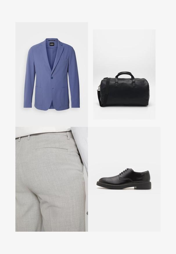Μωβ σακάκι με κομψή εφαρμογή, κλείσιμο με ένα κουμπί, δύο μπροστινές τσέπες και σχέδιο με πέτο. Λείος υφασμάτινος σχεδιασμός και καθαρές γραμμές.; Μαύρο πουλόβερ σταυρωτό λαιμό, φτιαγμένο από μαλακό υλικό, με μακριά μανίκια και εφαρμοστή γραμμή. Ριγωτή λεπτομέρεια στο τελείωμα και στους καρπούς. Απλός σχεδιασμός.; Ανοιχτό γκρι, ραμμένο παντελόνι από υφή ύφασμα, με μία τσέπη στο πίσω μέρος και καθαρή ραφή.; Μαύρο δερμάτινο παπούτσι με κορδόνια, με στρογγυλή μύτη, λεία υφή, ελάχιστη ραφή και χαμηλή καουτσούκ σόλα. Λογότυπο στη σόλα.; Μαύρη σακούλα duffel φτιαγμένη από υφασμάτινο συνθετικό υλικό. Διαθέτει δύο χερούλια και ιμάντα ώμου ρυθμιζόμενου μήκους. Απλός σχεδιασμός χωρίς ορατά σχέδια.