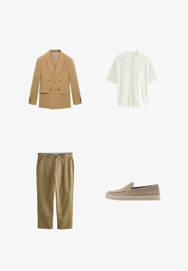 Dvojradový blazer z svetlobéžovej tkaniny. Medzi výnimočné vlastnosti patrí dve predné vrecká, klopové golieriky a hnedé gombíky na rukávoch.; Krátky rukáv, biele zipsové tričko vyrobené z textúrovanej tkaniny, s golierom a dvoma prednými vreckami so štvorcovými chlopňami.; Khaki chinos vyrobené z bavlneného zmesi, s dvoma bočnými vreckami, zapínaním na gombík, rovnými nohavicami a hladkou textúrou.; Béžové semišové nazúvacie topánky s zaokrúhlenou špičkou, nízkym profilom a textúrovaným povrchom. Obsahujú jemné prešívanie pozdĺž zvršku.