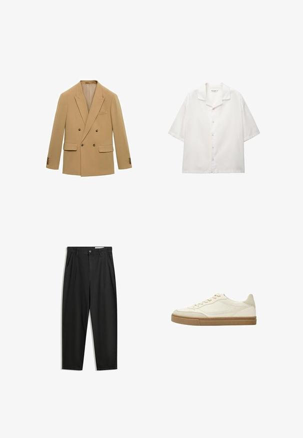 Dvoredni sako od svijetložutog materijala. Istaknute karakteristike uključuju dva prednja džepa, reveri s notom i smeđe dugmadi na rukavima.; Košulja kratkih rukava, otvorenog ovratnika, izrađena od bijelog pamuka. Ima prednji dio s gumbima i ležeran kroj.; Crne pamučne hlače s opuštenim krojem, s klasičnim pojasom, prednjim nabranjima i bočnim džepovima. Glatka tekstura bez uzoraka.; Bijele kožne tenisice niskog profila s bež naglascima i teksturiranom gumenom potplatom. Opremljene su toniranim šavovima i zaobljenim dizajnom prsta.
