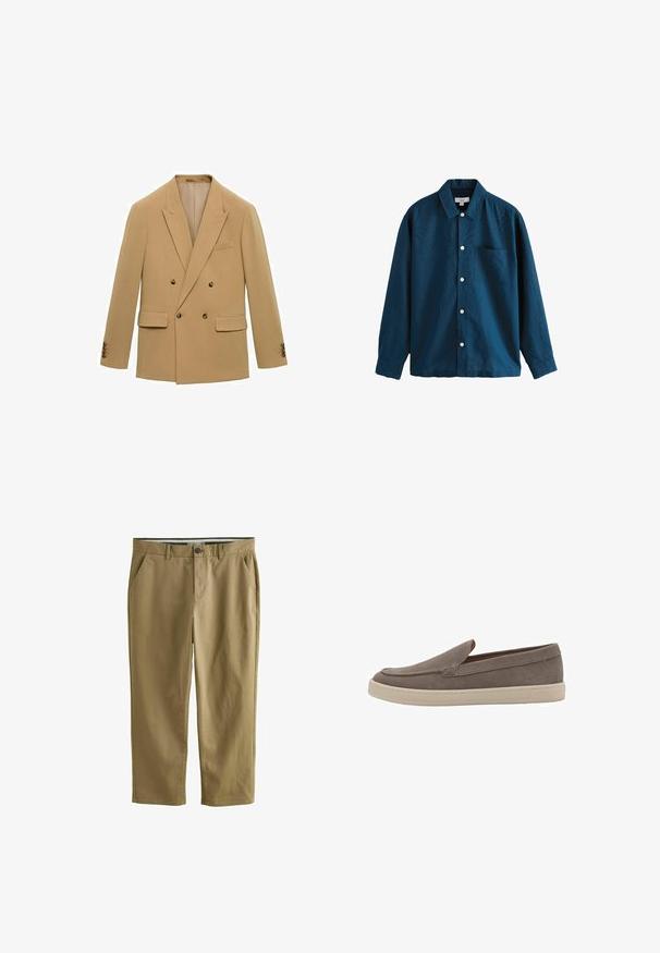 Dvojradový blazer z svetlobéžovej tkaniny. Medzi výnimočné vlastnosti patrí dve predné vrecká, klopové golieriky a hnedé gombíky na rukávoch.; Modrá dlhá košeľa s gombíkmi s klasickým golierom, jednou náprsnínou a bielymi gombíkmi. Mäkka textúra s jemným leskom.; Khaki chinos vyrobené z bavlneného zmesi, s dvoma bočnými vreckami, zapínaním na gombík, rovnými nohavicami a hladkou textúrou.; Svetlošedé nazúvacie topánky vyrobené z semišu s hladkou textúrou, s bielou gumovou podrážkou a minimálnymi detailmi šitia.