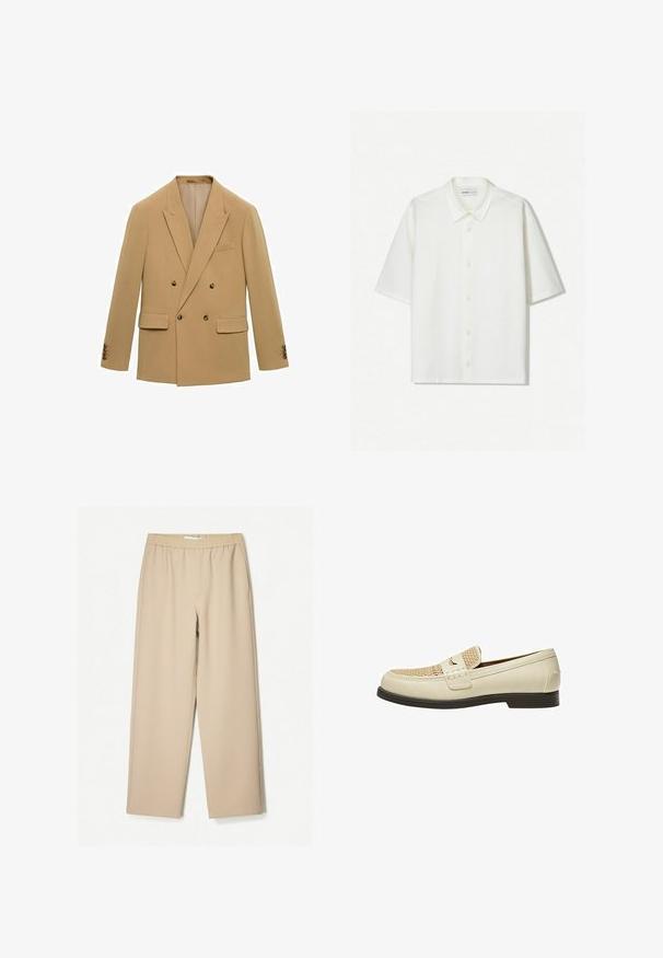 Double-breasted blazer in light beige fabric. Notable features include two front pockets, notch lapels, and brown buttons on the sleeves.; White short-sleeve shirt made from textured fabric. Features a collared neckline and buttons down the front. Simple, clean design.; Beige wide-leg pants with an elastic waistband, made of soft fabric, and featuring a smooth texture and minimal stitching details.; Beige leather loafers with woven detail on the toe and a flat brown sole. Features a decorative strap across the front.