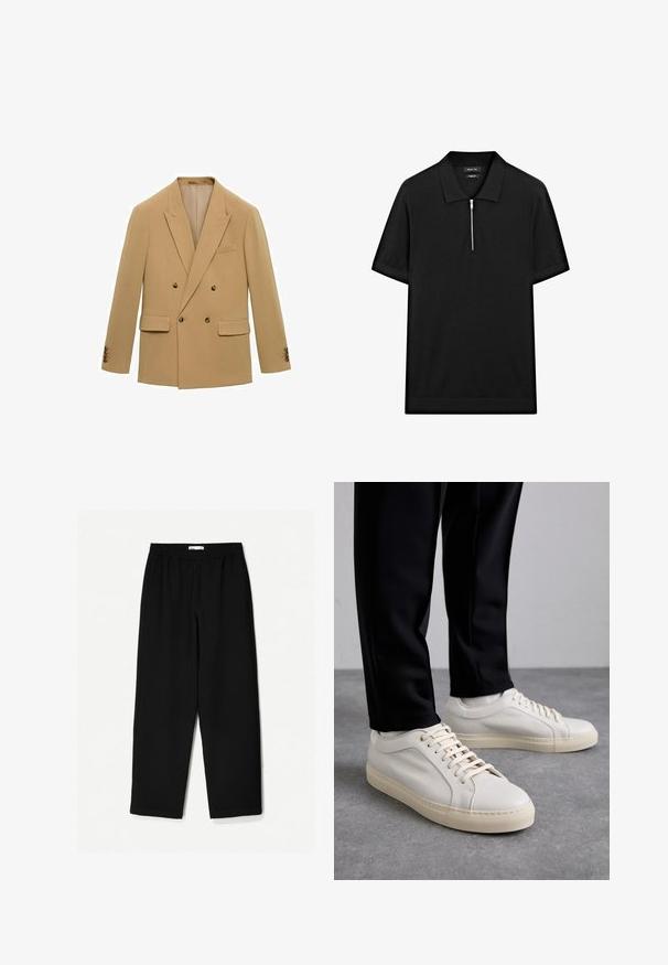 Blazer doppiopetto in tessuto beige chiaro. Tra le caratteristiche principali ci sono due tasche frontali, rever a faccetta e bottoni marroni sulle maniche.; Polo shirt nero a maniche corte con colletto rialzato e zip frontale. Realizzato in un tessuto liscio con un design pulito e minimalista.; Pantaloni neri a gamba larga realizzati in un tessuto leggero. Presentano una vita elasticizzata e una texture liscia. Senza motivi visibili o accessori.; Sneaker in pelle beige chiaro con lacci piatti, superficie texturizzata e suola in gomma di colore crema in contrasto, abbinati a pantaloni neri a sigaretta.