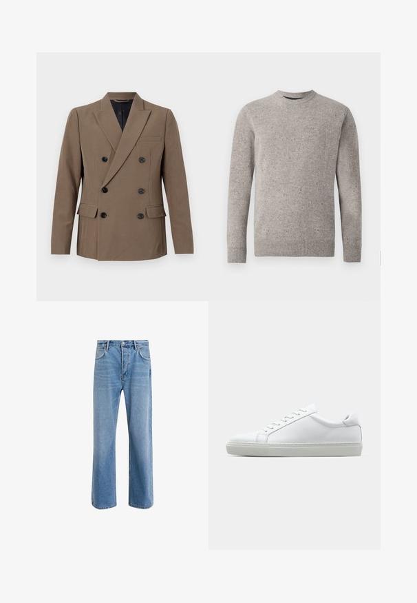 Blazer double boutonné marron en tissu lisse, ornée de boutons noirs, d'une poche poitrine unique et de revers marqués.; Pull en maille gris clair avec un col rond, des manches longues et des poignets et ourlet côtelés. Motif texturé avec des éclats de couleur.; Jeans en denim bleu clair avec une coupe droite, cinq poches, fermeture à bouton, peu d'usure et des détails de couture contrastés.; Sneaker blanche avec une tige en cuir lisse et un profil bas. Présente un bout arrondi, six œillets et une semelle en caoutchouc texturé.