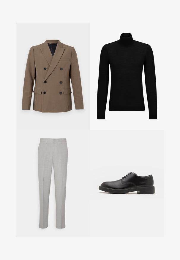 Hnedý dvojradový blazer vyrobený z hladkej tkaniny, s čiernymi gombíkmi, jednou náprsnou vreckom a výraznými klopami.; Čierny rolák vyrobený z jemného materiálu, s dlhými rukávmi a tesným strihom. Hranatý lem a manžety s ribbed úpravou. Jednoduchý dizajn.; Svetlo-sivé nohavice s hladkým povrchom, plochým predným dielom a rovnými nohavicami. Vyrobené z priedušnej látky, s vnútornými vreckami a pútkami na opasok.; Čierne kožené šnurovacie topánky s okrúhlou špičkou, hladkým povrchom, minimálnym prešívaním a nízkym gumovým podpätkom. Logo na podpätku.