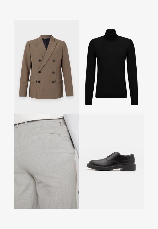 Sacou maro cu două rânduri de nasturi, realizat dintr-un material neted, având nasturi negri, un singur buzunar la piept și rever proeminente.; Pulover negru cu guler înalt, realizat dintr-un material moale, cu mâneci lungi și o croială ajustată. Tiv și mansete cu margine ondulată. Design simplu.; Pantaloni tailored de culoare gri deschis, confecționați dintr-un material texturat, având un design cu fața plată, buzunare laterale și un buzunar la spate.; Pantofii din piele neagră, cu șireturi, au vârful rotunjit, o textură netedă, cusături minime și un toc de cauciuc scăzut. Logo pe toc.